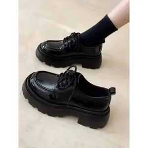 Women’s thick-soled derby shoes with a round toe, made of Oxford fabric; multifunctional casual British-style height-increasing footwear—comfortable and fashionable.