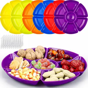 6 count Plastic Divided Serving Trays with 60 count Disposable Fork, 7 Compartments Round Chip Dip Plate, Petal Shape Platter, 10.6'' Snacks Serving Dish for Party Candy Nuts Fruits (Classic Color)