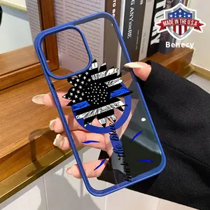 Magnetic Phone Case Compatible for iPhone 16 15 14 Pro Max 13 12 11 XR XS Plus E Thin Blue Line Sunflower Pattern Clear Acrylic Hard Back Soft TPU Edge Non-Yellowing Protective Cover