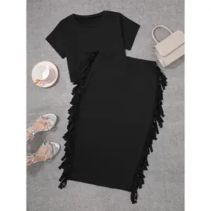 Short T-Shirt with Fringe Design and High-Waisted Skirt Set