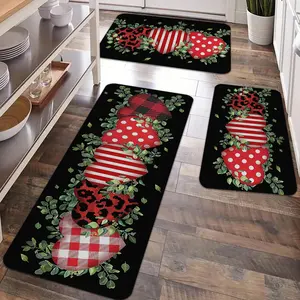 2/3pcs Valentine's Day Kitchen Carpet Set, Black Retro Mixed Love and Green Branch Pattern Floor Mat, Soft Non Slip Kitchen Carpet and Mat, Kitchen Rugs Sets, Suitable for Kitchen, Bedroom Entrances, Laundry Room, Corridor, Festival Decoration