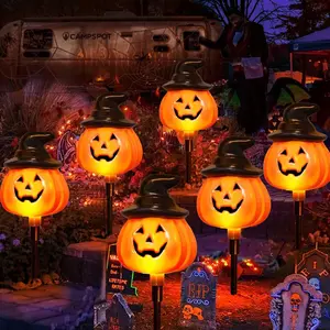 6 Pack Solar Jack O Lantern Stake String Lights - Orange Halloween Pathway Decor for Outdoor Halloween Yard Display Awinking