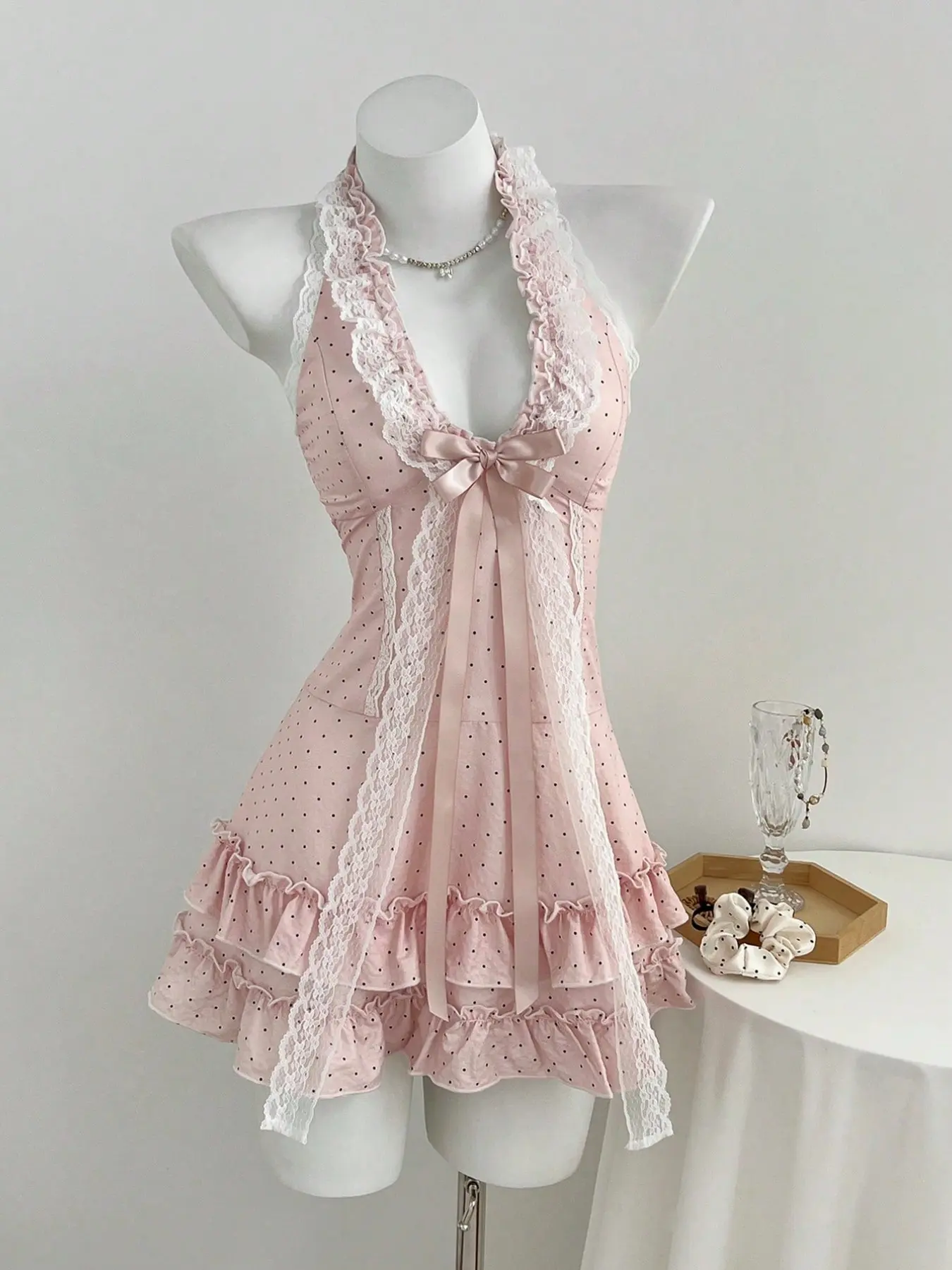 Elegant Summer Lounge Dress for Women, Polka Dot Halter Backless Dress with Lace Trim, Bow & Ruffled Hem, Tie Design, Youthful Cute Style