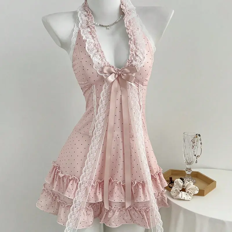 Elegant Summer Lounge Dress for Women, Polka Dot Halter Backless Dress with Lace Trim, Bow & Ruffled Hem, Tie Design, Youthful Cute Style, Loungewear Dresses