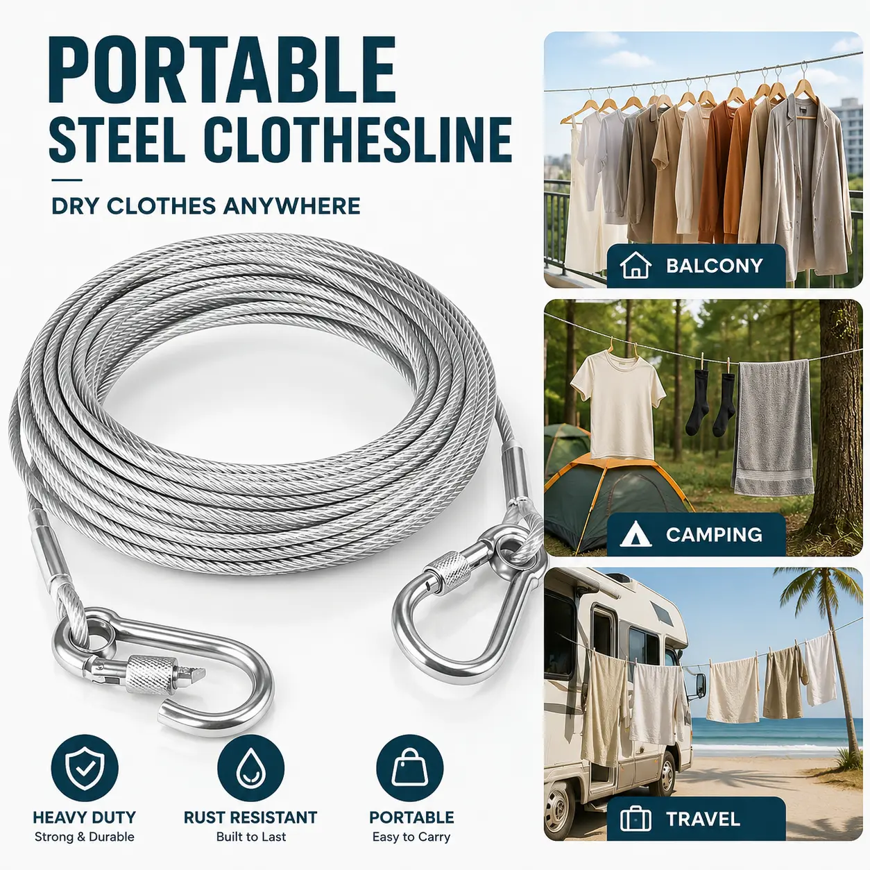 Portable Heavy Duty Steel Cable Clothesline with Locking Hooks, Rust Resistant Travel Laundry Line for Camping RV Outdoor Drying, 16.4FT/32.8FT/49.2FT
