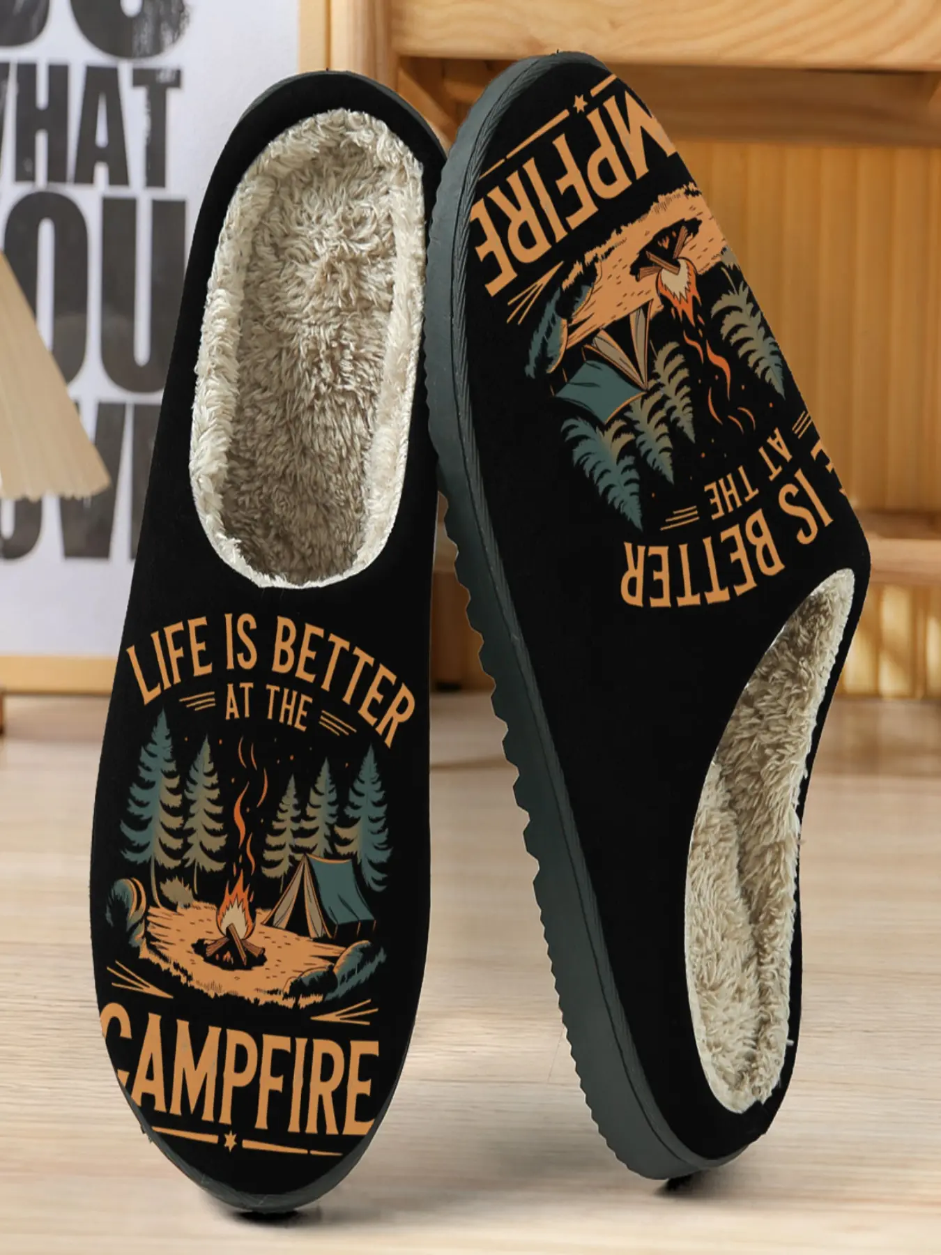 Camping Campfire Theme Cotton Slippers, Bottom Forest Fire Print, Cozy Fuzzy Lining, Outdoor Relaxation, Home Favorite