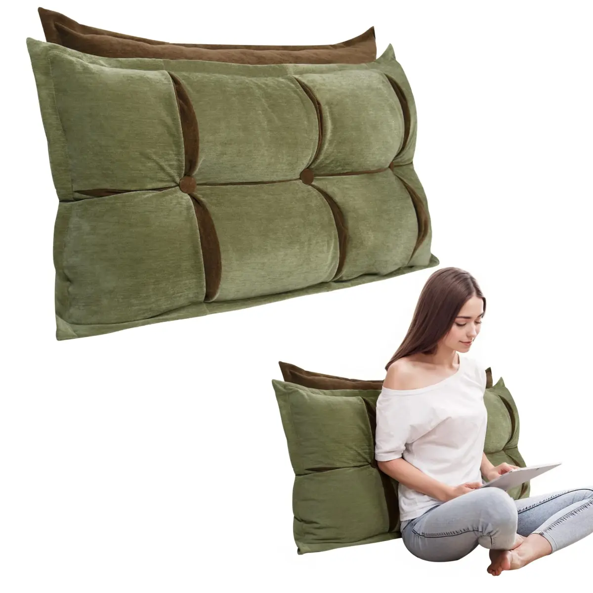 Large Velvet Wedge Bed Rest Cushion, Green & Brown Two-Tone Tufted Headboard Pillow, Soft Plush Back Support Pillow for Full/Queen Size Beds