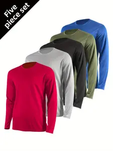 Five-Piece Set Men's Quick-Dry Long Sleeve T-Shirts, Breathable Athletic Tops for Spring/Fall, Round Neck Casual Workout Tees, Solid Black, Regular Fit for Gym, Running, Hiking & Daily Wear, Athletic training apparel, Comfortable Fabric