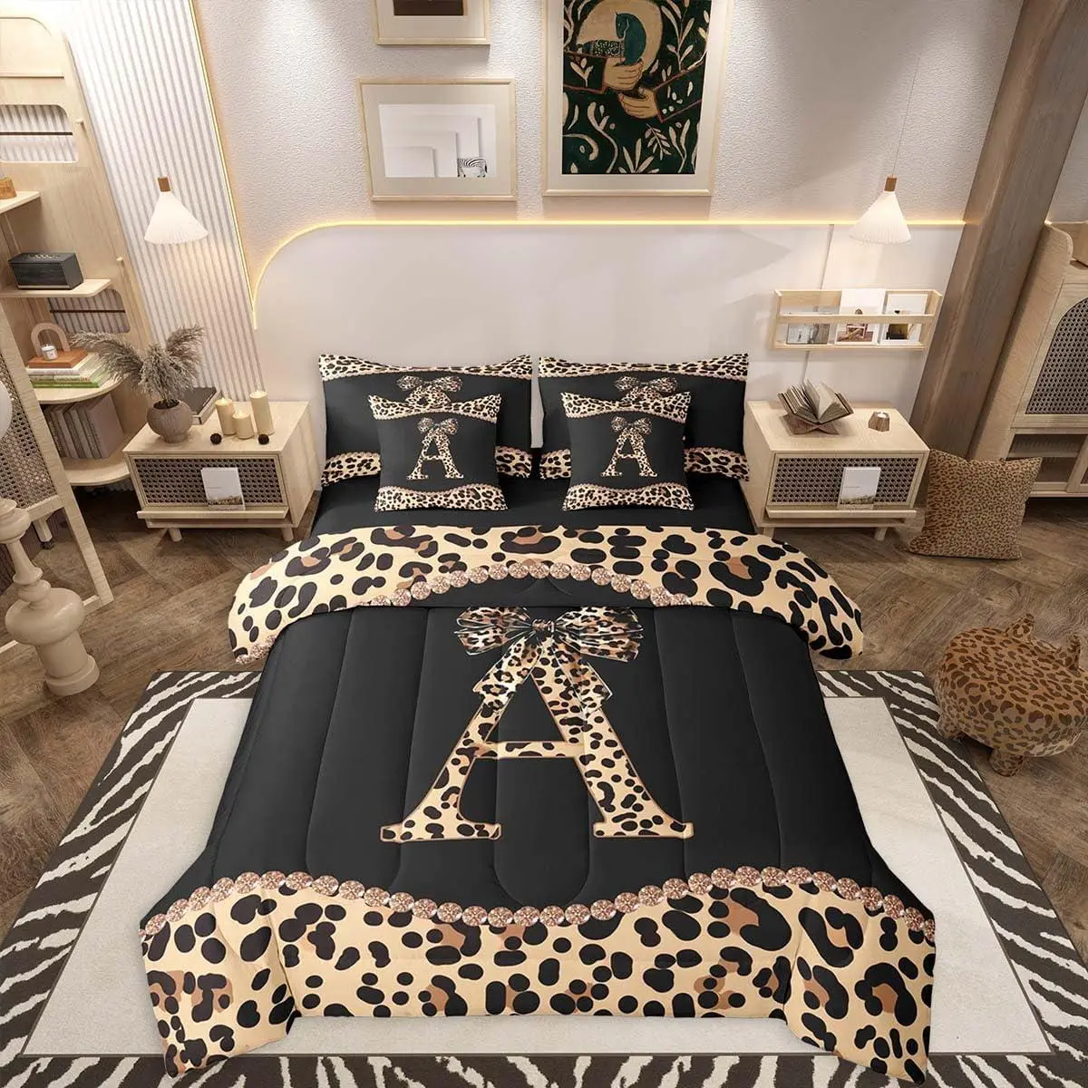 Feelyou 7-Piece Microfiber Bed Comforter Set, Letter Initial African Cheetah Print Bedding Set with Bow Accent, Modern Coquette Design for Women and Girls, Microfiber Bedding Set