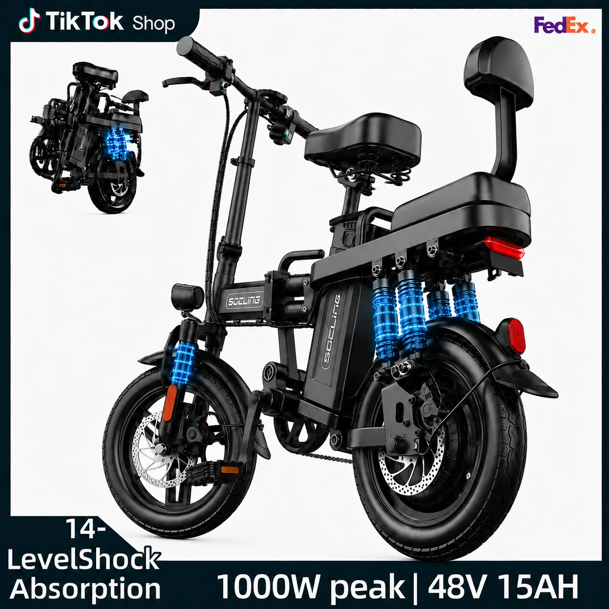 Adult Compact Fold Ebike - Dual Foldable Seat, 1000W Peak Motor, 48V 15Ah Battery, 20 mph Speed, 40+ mi Range, 14-Level Multi-Shock Absorption, Dual Brakes, Puncture Tires, Includes Wheels, Pedals, Charger - Sports & Outdoor Cycling Equipment
