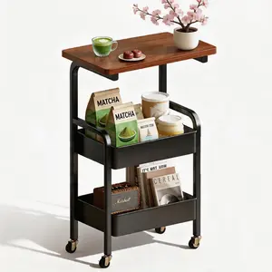 3 Tier Metal Rolling Utility Cart Organizer with Walnut Table Top, Stable and Sturdy Rolling Storage Carts with 2 Lockable Wheels for Kitchen，Bathroom，Snacks，Coffee，Craft，Makeup，Baby Essentials