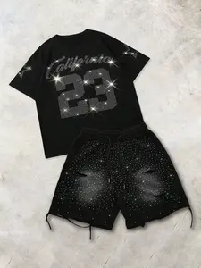 High-Quality Men's Casual Summer Set, Rhinestone Letter Print Tee & Drawstring Waist Shorts, Perfect for Travel & Daily Wear