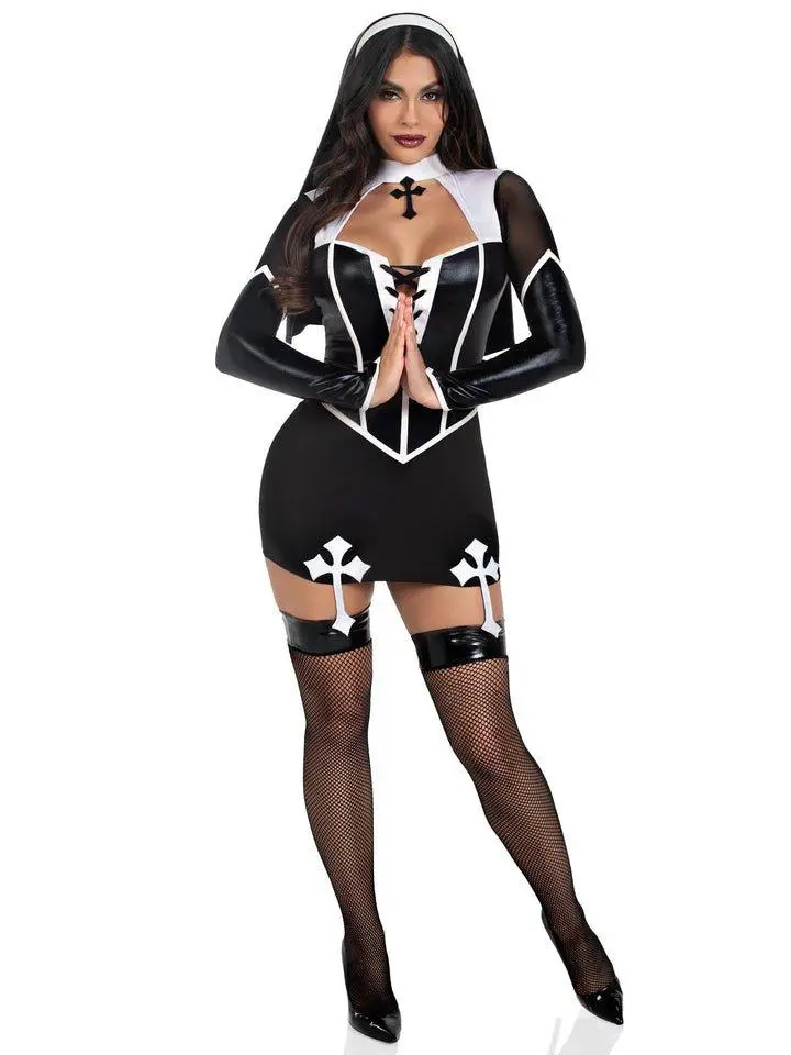 Nun to See Costume - Turtleneck Long-Sleeve Dress with Open Chest & Cross Garter for Halloween Parties & Themed Events