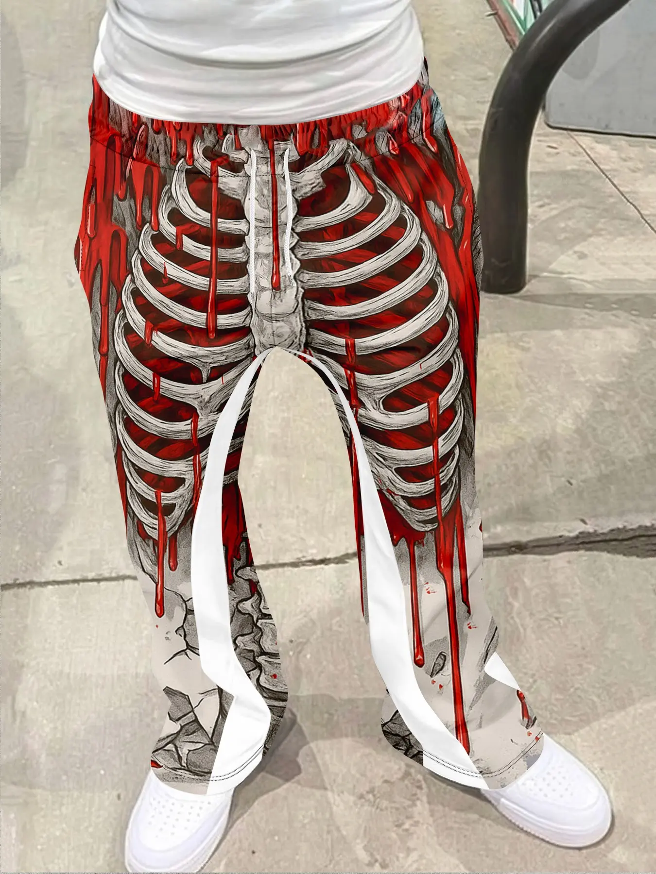 Dark Gothic style Graphic skull print Fitted casual menswear pants, Casual Streetwear Bottoms Trousers, graffiti style lines, Geometric patterns, in line with cyberpunk/wasteland aesthetics, high street Fashion style retro flared pants