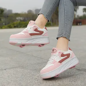 Contrast color fashionable boys and girls thick-soled casual sports shoes, can be installed with four small wheels, can slide quickly in all seasons  rollerskates, the first choice for holiday gifts