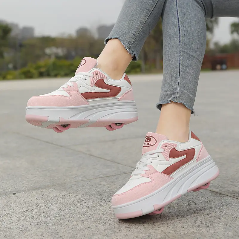 Casual Sport Sneakers with 4 Retractable Wheels, Thick-Soled Polyurethane Lace-Up Design for Unisex Wear and Roller Skating, Pu Leather Rollerskates, Laces, All Seasons