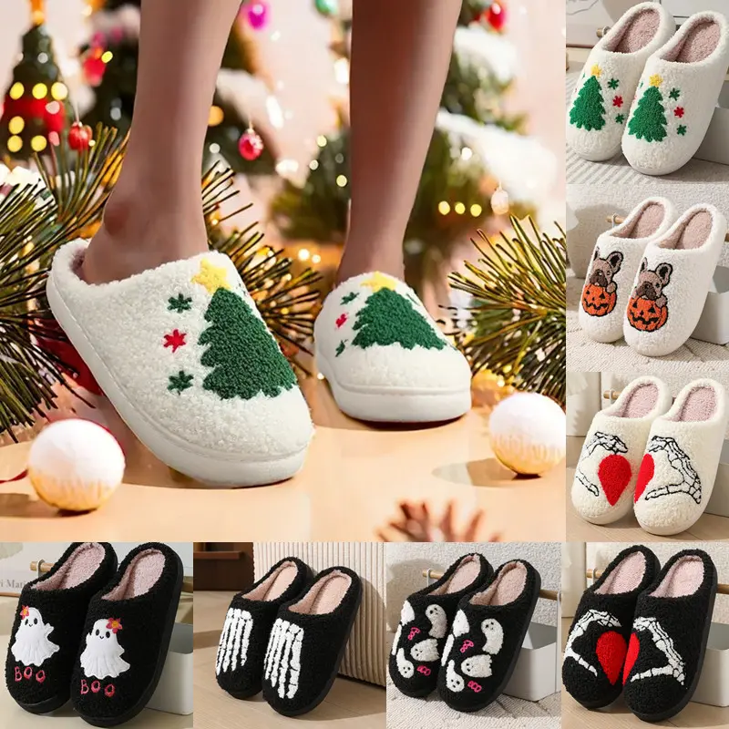 Christmas Slippers For Women Men Indoor Soft Warm Cotton Slippers House Memory Foam Slippers Cozy Fluffy Fall Winter Home Slippers