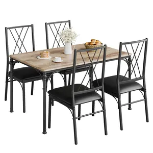 Modern Industrial 5-Piece Dining Table Set for 4 – Farmhouse Style, Rectangle Table with PU Leather Padded Chairs and Bench, Compact Space-Saving Furniture for Apartment or Dining Room