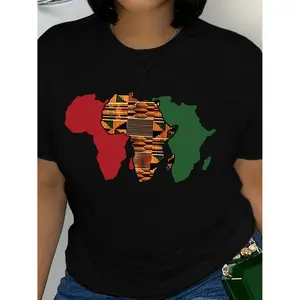 Map Print Crew Neck T-Shirt for Casual Spring and Summer Wear in Women's Fashion