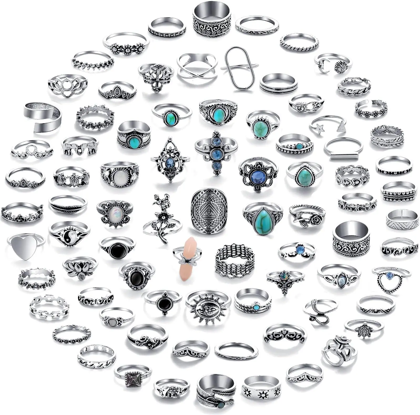 82pcs Vintage Silver Tone Knuckle Rings Set for Women, Bohemian Stackable Joint Finger Rings, Retro Stone Stacking Rings Pack for Daily Party Travel Boho Gift