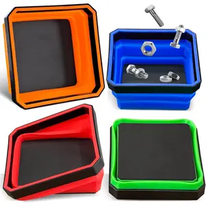 SnapFixMate Collapsible Magnetic Parts Tray Set, 4 Pack Foldable Silicone Magnetic Tool Trays for Bolts Screws Nuts & Small Metal Parts, 4.5” Upgraded Square Silicone Bowls with Dual-Sided Magnetic Base