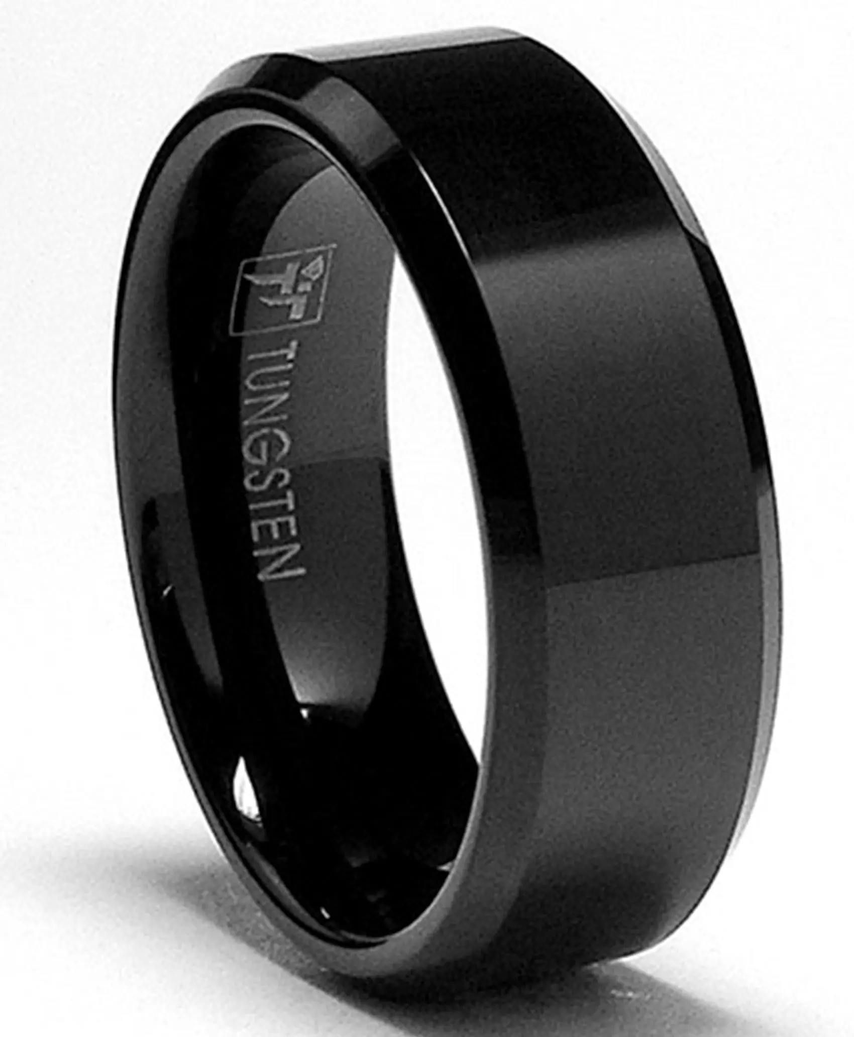 Men's Classic 8MM Black High Polish Beveled Edge Hypoallergenic Tungsten Carbide Band, Laser Engraved Adult Finger Ring for Everyday Wear, Sizes 6-15