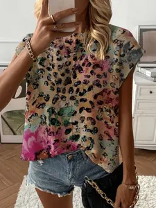 Summer Round Neck Short Sleeve Knit Top, Leopard Print Casual Wear, Women's Loose Fit Sweater, Perfect for Daily Use & Leisure