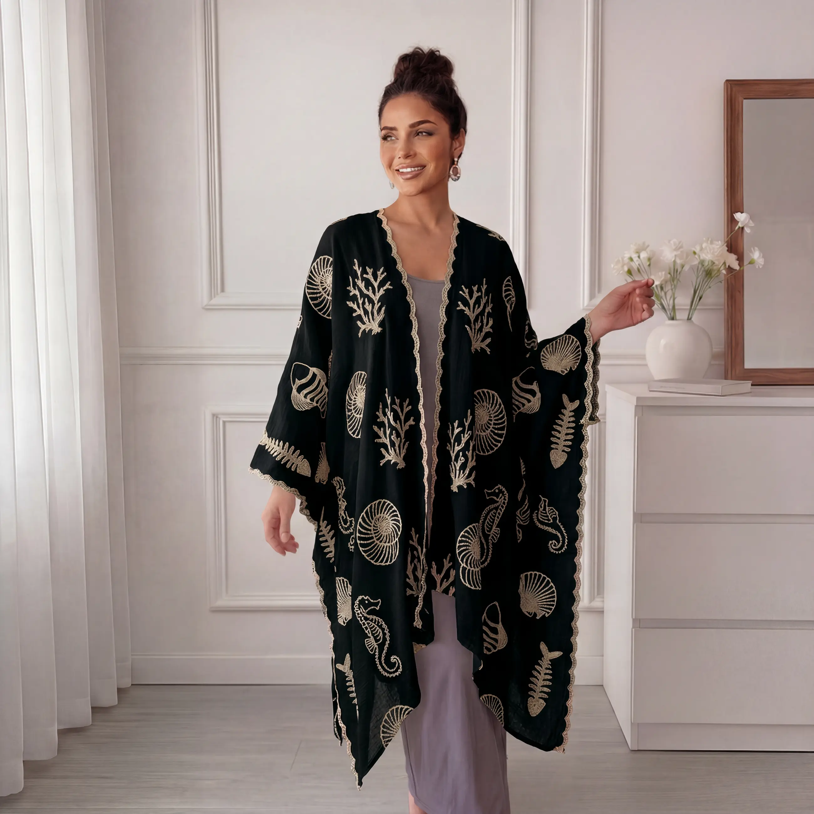 Coastal Boho Kimono - Fish & Seashell Embroidery, Lightweight for Beach Days perfect style Clothes Beachwear Womenswear