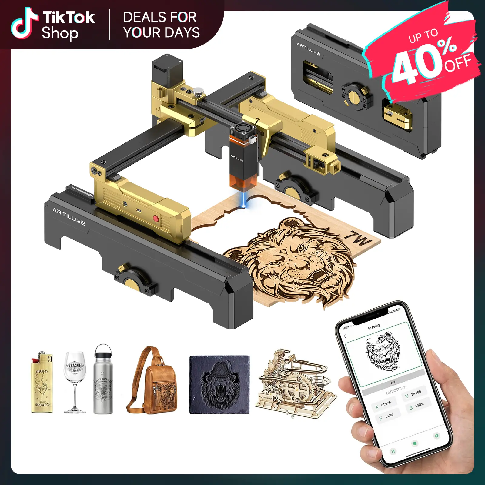 ARTILUME T1 Portable Laser Engraving Machine with APP Control, Foldable Design, No Assembly Required, 0.01mm Precision, 10000mm/min Speed, Engraves Wood, Leather, Acrylic & Metal, Custom Design Tool for Creative Projects