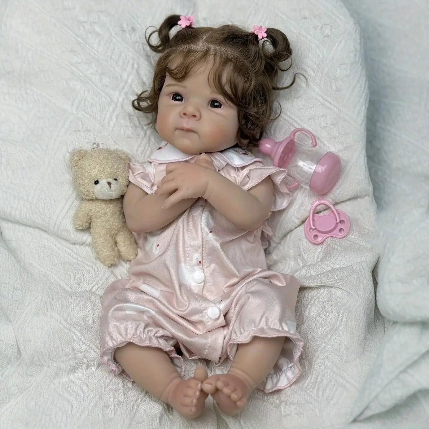 TopLink 48 CM Reborn Baby Doll Toy with Vinyl Limbs Cloth Body Hand-rooted Hair Pink Outfit for Girls Birthday Collectible Gifts