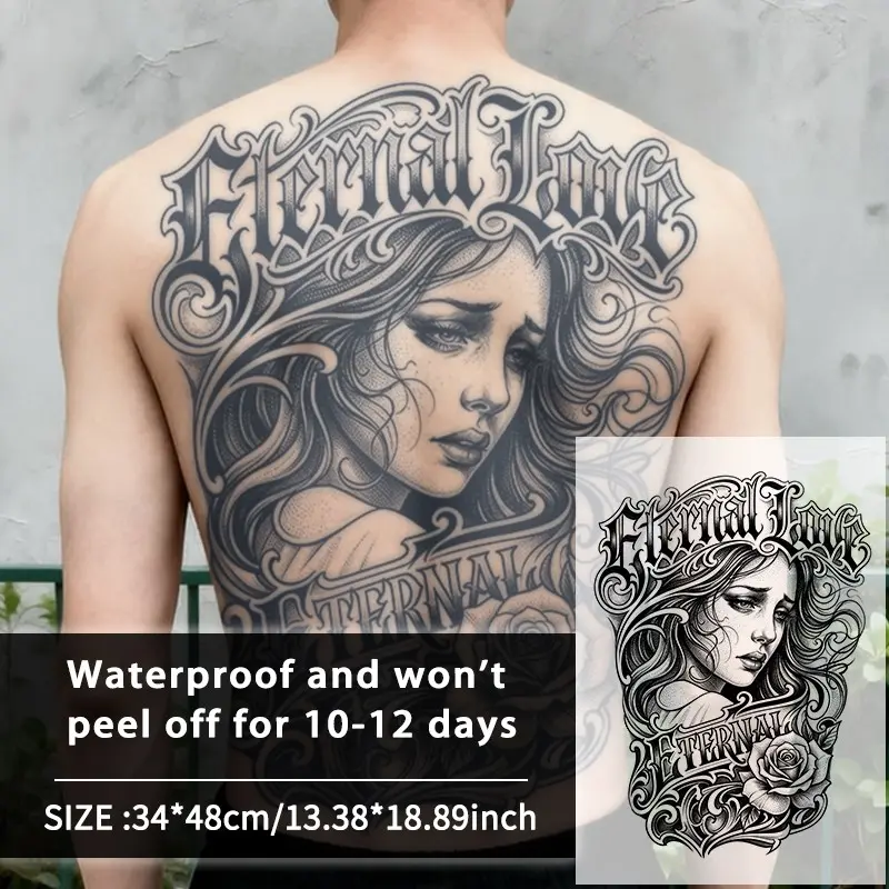 Eternal Love Large Girl Full Back Temporary Tattoo Sticker, Waterproof Long-Lasting 7-15 Days, Semi-Permanent Herbal Tattoo, Non-Glare Fake Tattoo