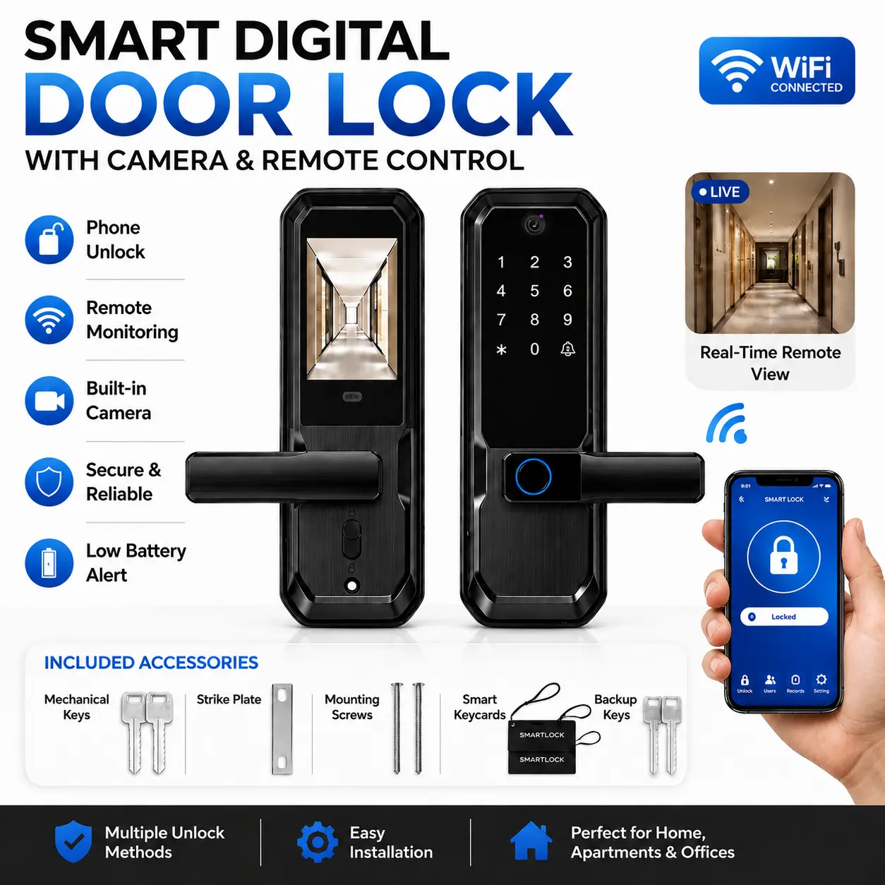 6-in-1 Aluminum Keyless Entry Smart Door Lock with HD Camera, Video Doorbell, Handle Deadbolt, Anti-Peek PIN, Tuya App Remote Access, Rechargeable Batteries, Wi-Fi Connect, Smart Home Gadgets, Knockers for US Standard Front Doors, Condos, Anti-Peaking Pin