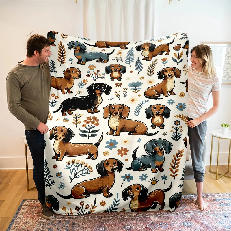 Super Soft Cute Dachshund Prints Flannel  Blanket, As Birthday Gifts, Family, Wedding, Souvenir Blankets, Polyester Blankets Suitable For All Seasons, Washable, Machine Washable, Lightweight, Breathable, Comfortable, Warm, Unique cozy