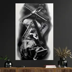 1 Piece Barber Tool Canvas Art Print Photo, Artistic - Inch Retro Barber Shop Wall Decoration, with Scissors, Comb, and Razor Design, Black and White Texture, Suitable for Barbers, Beauty Salons, Home Office Decoration