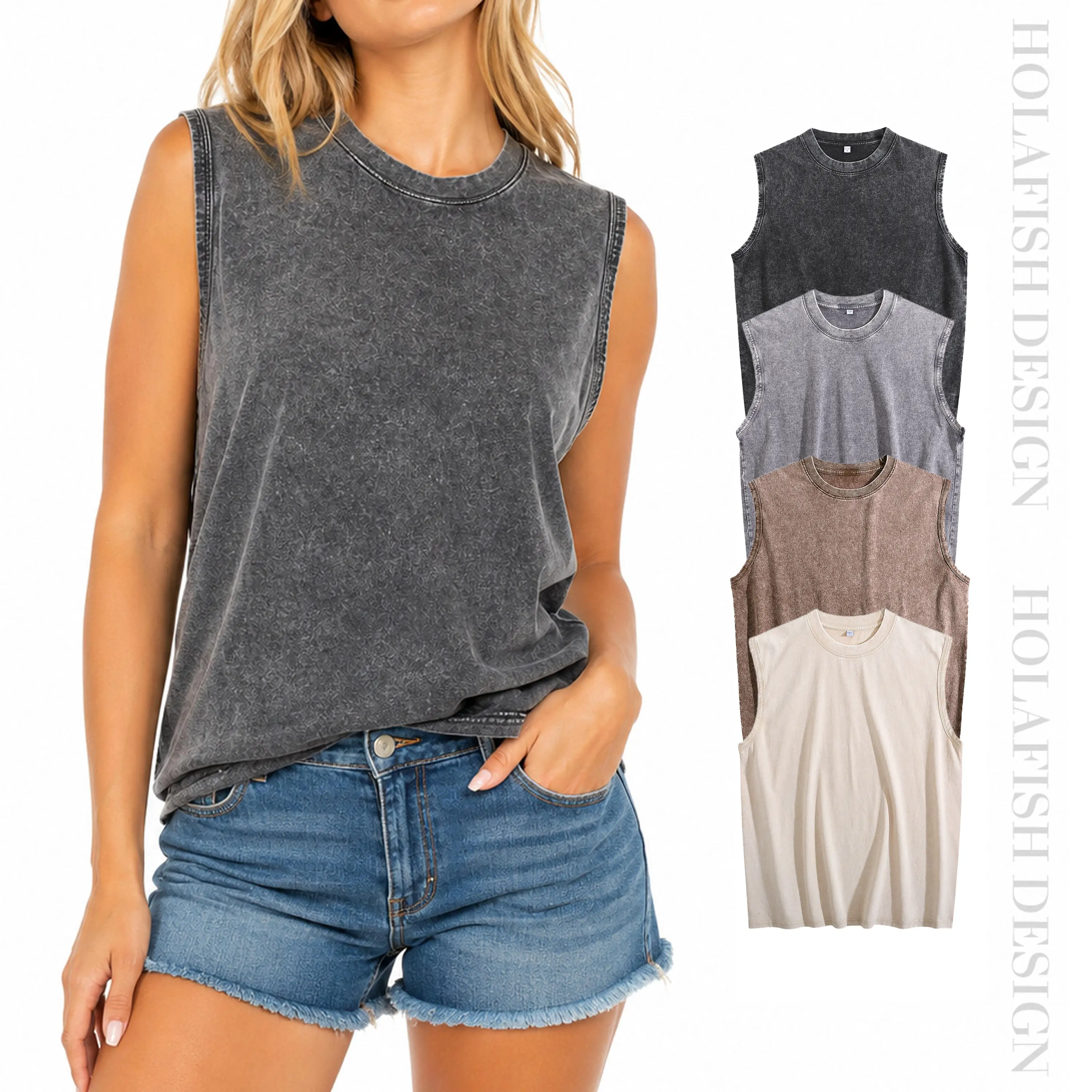Holafish Women’s Minimalist Aesthetic Vibe Acid Wash Cotton Sleeveless Tank Tops - 1/3 Pack Soft Lightweight Breathable Fabric Shirts for Gym, Street Style Casual Wear, Sporty, Oversized, Basic, Crew Neck, Chinese New Year, Relaxed Fit