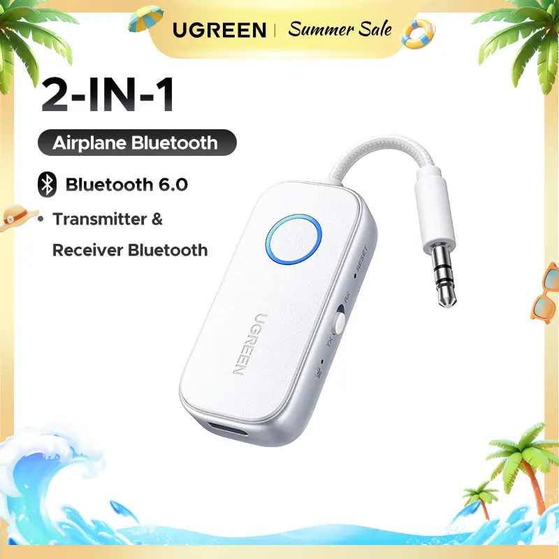 UGREEN Airplane Bluetooth 6.0 Transmitter Receiver for 2 Airpods or Headphones, Airplane Travel Essentials 2-in-1 Wireless Bluetooth Adapter, 3.5MM AUX Jack Adapter on Flight, TV, Car Stereo,Summer Sale