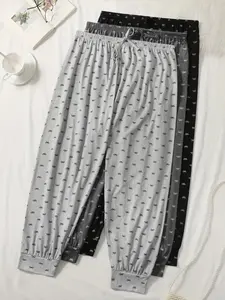 Women's Plus Size Bow Print Sleep Pants Set, Comfortable Skin-Friendly Home Sleeping Wear, Lightweight Sleepwear, 3-Piece Long Lounge Bottoms Loungewear Pajama Nightwear