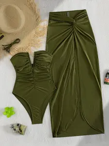 New Fashion Pearl Two-Piece Swimsuit, Detachable Straps, V-Neck Design, Belly Shirring, Asymmetrical Skirt, High-Quality Fabric, Summer Beach Swimdress