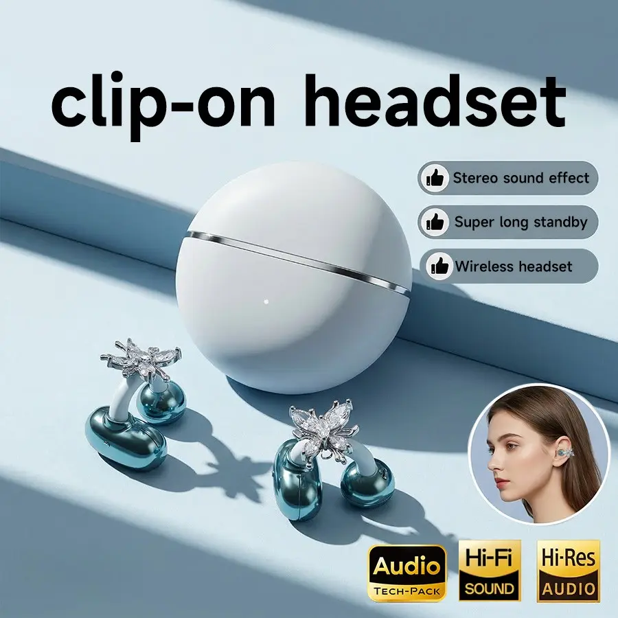 Butterfly Earrings Fashion Clip-On Bluetooth-compatible Earbuds, Fashionable Earbuds, Open Ear Wireless Headphones, Open Ear Earphones, Non-In-Ear Ear Clip, Luxurious Hi-Fi Sound, Stereo Sound Headphone