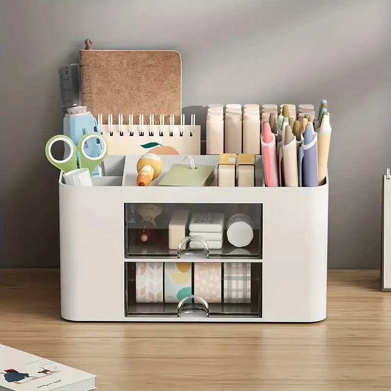 Multifunctional Plastic Desktop Organizer Rack with 2 Drawers, 5 Compartments, Portable Storage Basket for Office School Home Gifts, Office Supplies, Desk Accessories, Pen Holders, Desk Organizers