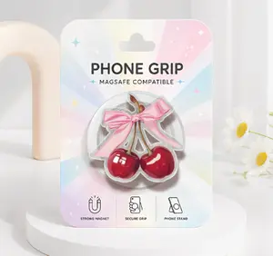 Red Cherry Pink Bow MagSafe Phone Grip, Coquette Cherry Girl Phone Holder, Cute Coquette Fruit Pop Socket, Girly Summer Bow Phone Accessories. Cute Gift for Her