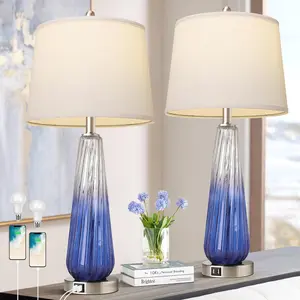 SAVEYOUR Set of 2 Modern Table Lamps, Touch Control 3-Way Dimmable Bedside Nightstand Lamp, 27.5 Inch Large Glass Lamp with White Fabric Shade, Built-in USB A+C Charging Ports, Decorative Lighting for Bedroom Living Room