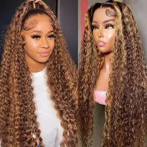 30inch 13x6 Highlight Deep Wave Lace Front Wigs Human Hair 180% Density Deep Curly Human Hair Wig Pre Plucked P4/27 Ombre HD Lace Frontal Wigs for Women