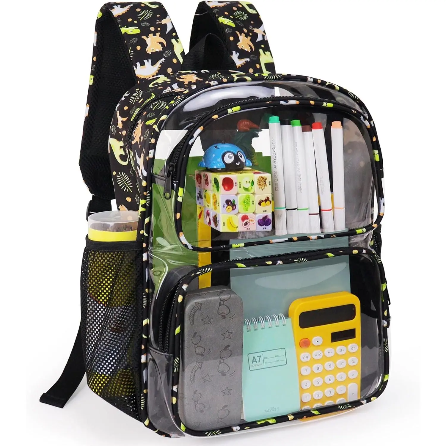 Clear Backpack,16'' Clear Backpack for Boys Heavy Duty School Backpacks See Through Bookbag for  4 to 8,Black Dinosaur