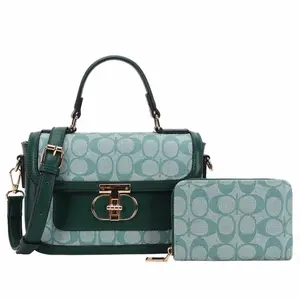 Hermosa Bolsa - Elegant Green & Teal Handbag with Gold Hardware and Matching Wallet Set for Women