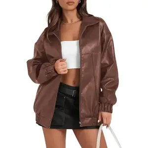 Ebifin Womens Leather Jacket Oversized Faux Casual Zip Up Bomber Motorcycle Jackect Trendy Fall Winter Clothes S-XXL