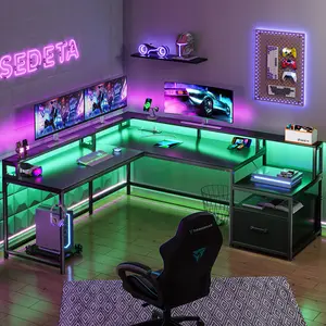 SEDETA 66-inch LED L Shaped Gaming Desk with Storage, Large Computer Gaming PC Desk, Ergonomic Design, Wooden Construction Dual Monitor Riser