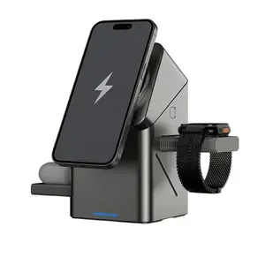 3-in-1 Qi2 Magnetic Wireless Charger - 15W Fast Charging Station for iPhone 16 15 14 Pro Max, Apple Watch & AirPods - Foldable Travel Stand with StandBy Mode (Space Gray) - (Cable Included, No Adapter)