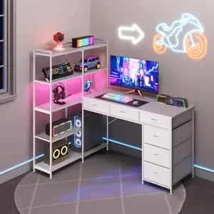Garvee L Shaped Gaming Computer Desk with Storage Shelves, 6 Fabric Drawers, Corner Gaming Desk with Open Shelves, Home Office PC Table with Power Outlets & LED Lights, 58.3" l*54.3" h