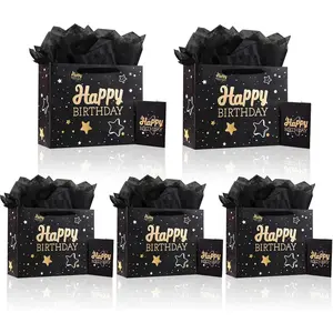 13" Black Happy Birthday  Bag with Tissue Paper and Greeting Card for Birthday,Party,Happy Birthday  Bag for Men Women,  Bags Medium size(5 PCS Black Happy Birthday)